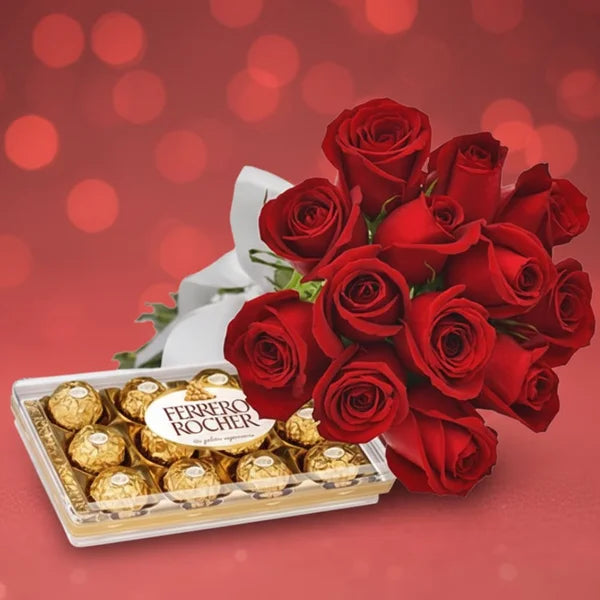 Buquê de 12 Rosas Vermelhas e Ferrero