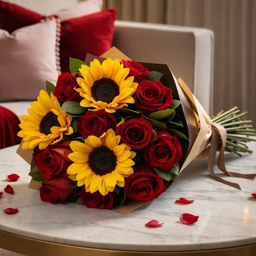 Buquê de Girassol e Rosas Vermelhas