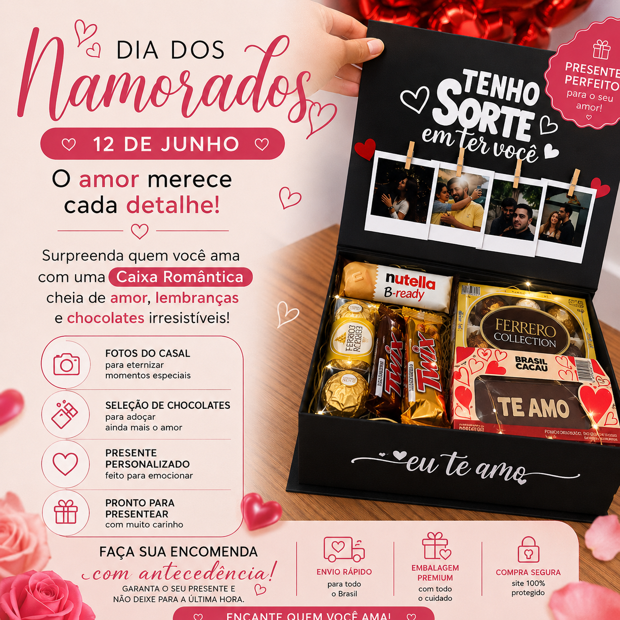 Caixa Romântica com Fotos Polaroid e Chocolates + Brinde Especial (Rosa Encantada)