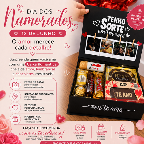 Caixa Romântica com Fotos Polaroid e Chocolates + Brinde Hoje (Buquê de Rosas Vermelhas)